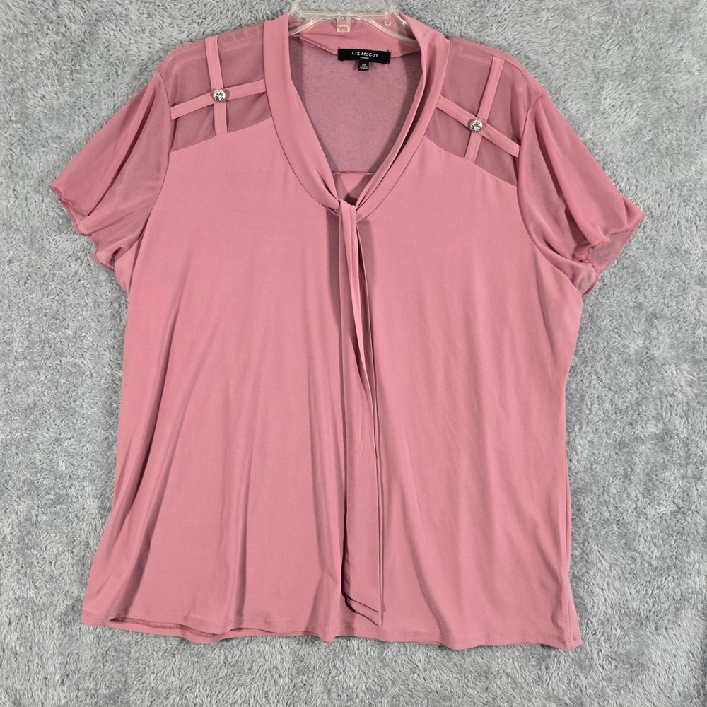 Liz McCoy Pink Tie Neck Mesh Shoulder Blouse Rhinestone Accent Plus Size 3X